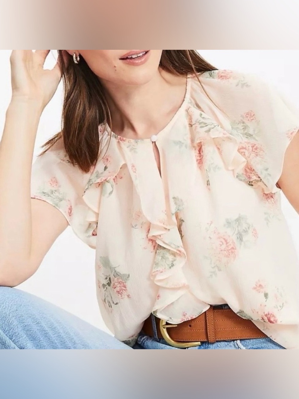 LOFT Blush Pink Floral Ruffle Blouse Medium Sheer Lined Flutter Sleeve